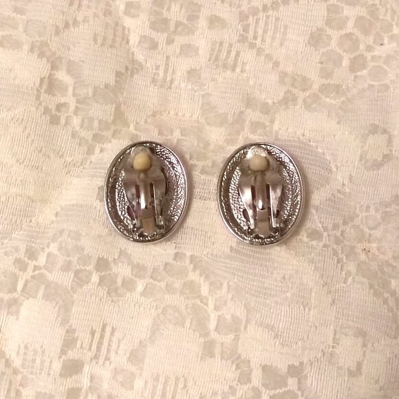 Vintage Genuine Pink Coral Clear Cubic Zirconia Silver Tone Oval Clip Earrings - Picture 7 of 8